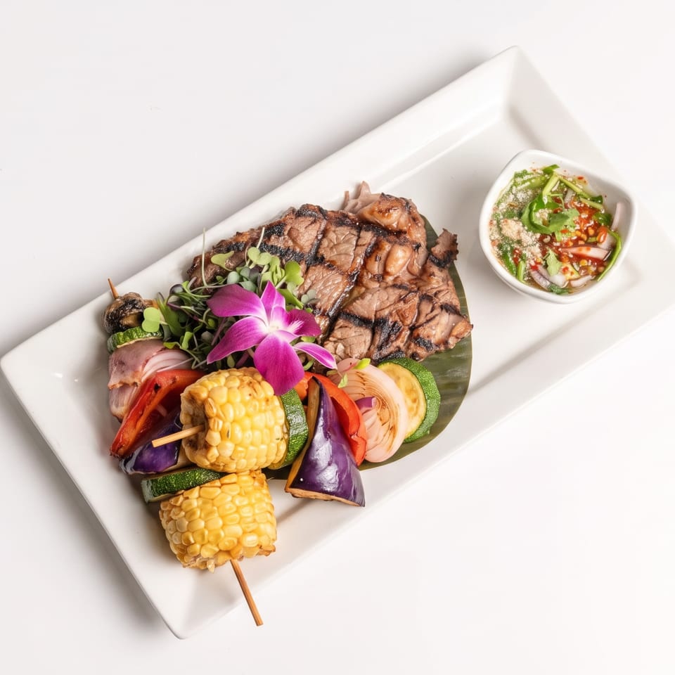 Grilled steak, vegetable skewers, sliced grilled vegetables, and spicy dipping sauce, garnished with an orchid.