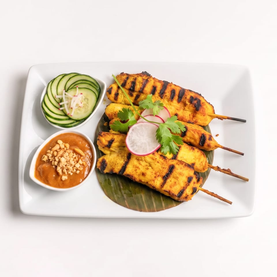 Grilled chicken satay skewers with peanut sauce, cucumber salad, and radish garnish on a white platter.